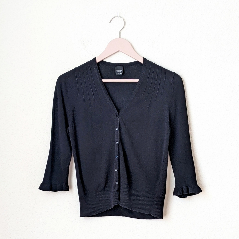 espirit black 3/4 ruffle sleeve v neck cardigan with stitching detail